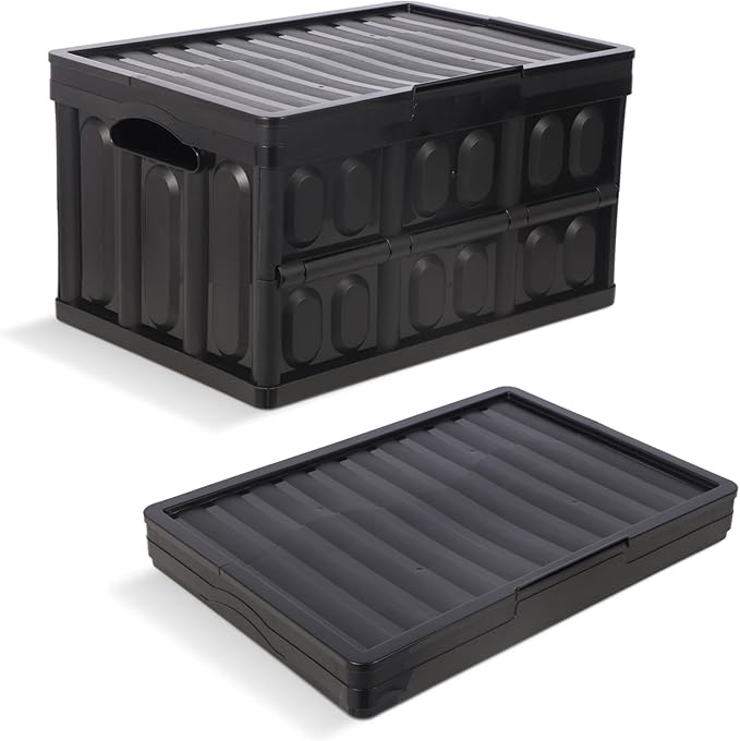 Plastic Collapsible Storage Bins with Lids, | 45L Stackable Plastic Crates, Holds 55 lbs Per Bins, Heavy Duty Containers for Home Organizing, Garage Tools & Camping