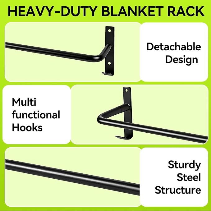4Pcs Heavy Duty Horse Blanket Rack with Bridle Hooks | Wall Mounted Blanket Bar, Saddle Pad Rack for Horse Blanket Storage, Ideal for Horse Stall, Tack Room, Stable & Barn, Black