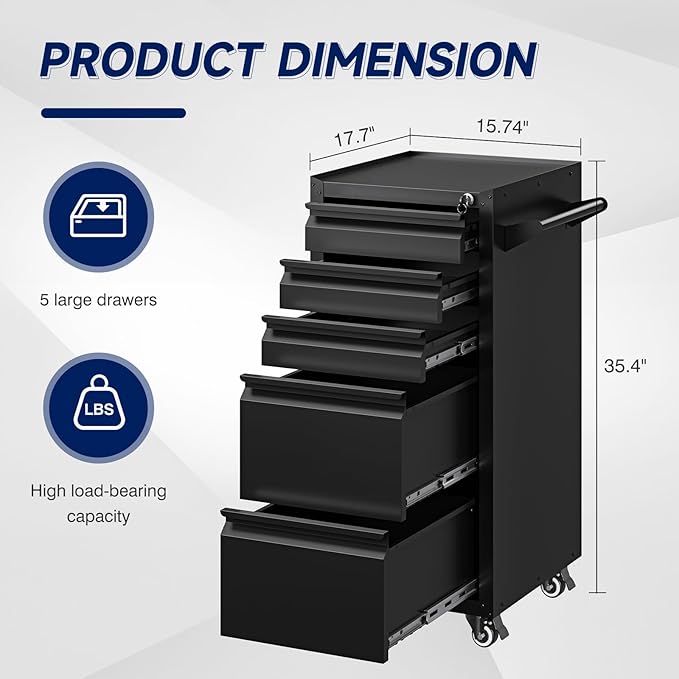 5-Drawer Metal Tool Storage Cabinet with Wheels,Rolling Tool Chest with Drawer and Locking Keys,Heavy Duty Tool Storage Organizer for Garage,Warehouse,Workshop