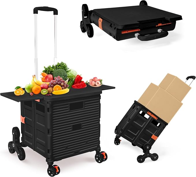 Foldable Utility Cart with Stair Climbing Wheels,Collapsible Rolling Crate with Magnetic Lid Telescopic Cover,Telescoping Handle,360° Rotate Wheel Hand Cart for Teacher Shopping Moving Grocery(Black)