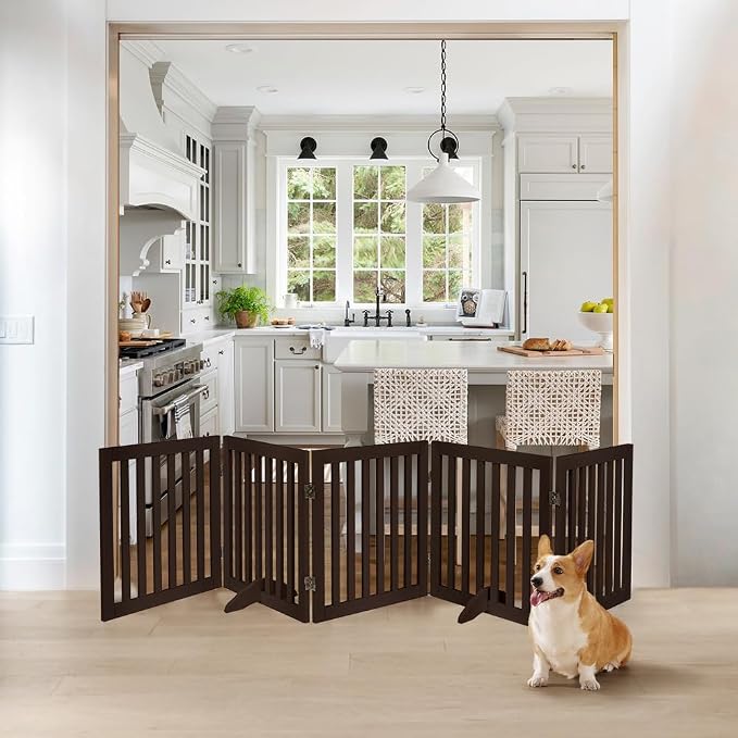unipaws 24”H Free Standing Pet Gate for Dog Cat, 100”Wide Wooden Dog Gates | Foldable Pet Fence for Doorway, Stairs, Step, Expandable Doggy Barrier, Indoor Use