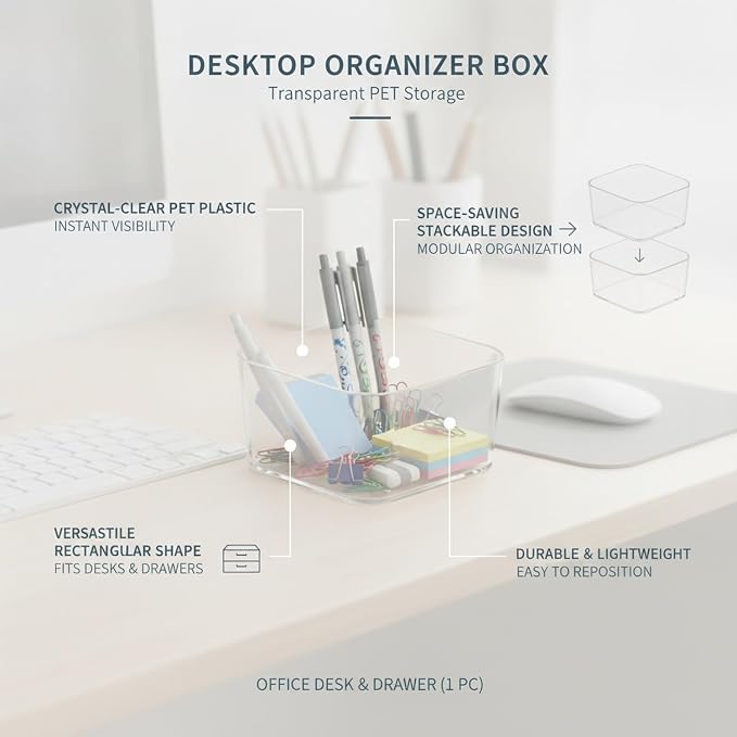 Durable PET Plastic Desktop Organizer, Transparent Storage Bin for Office Desk and Drawer Organization