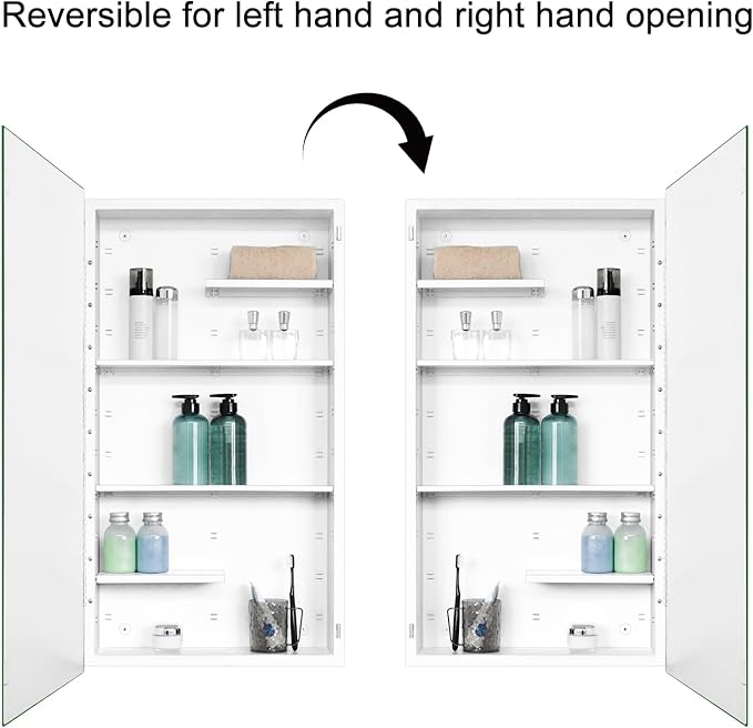 White Metal Medicine Cabinet, 20 x 36 Beveled Mirror, Surface Mount Storage | 20 x 36 Bathroom Mirror Cabinet with Adjustable Staggered Shelves, Continuous Piano Hinge, Reversible Door Swing, Matte White