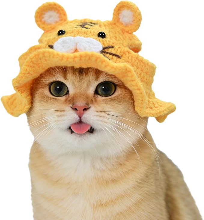 Tiger Cat Hat, Cotton & Soft Cute Knitted Hats for Cats Birthday Party Spring Puppy Hat for Small Pets (Yellow, M)