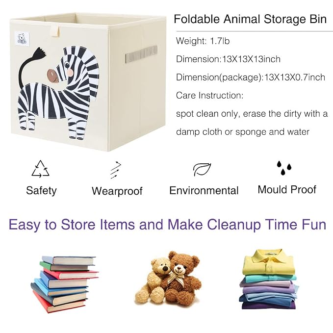 13 Inch Animal Cube Storage Bins, Foldable Fabric Kids Toy Box & Toy Chest | Kids Storage Cubes, Toy Storage Organizer Basket for Toddlers, Boys and Girls, Playroom and Nursery (Zebra)