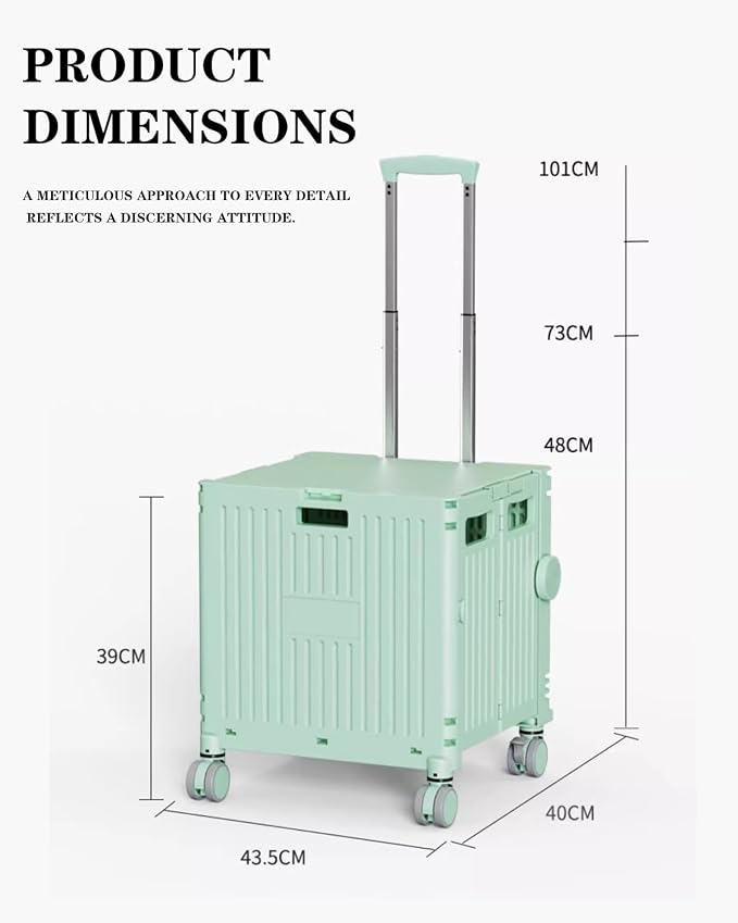 Collapsible Wheeled Crate with Lid,Folding Utility Cart Portable Rolling Crate Handcart,asket on 4 Rotate Wheels,Can Climb Stairs,Heavy Loads and Easy Storage Green 35.5x39.5x101cm (Ladder Version)