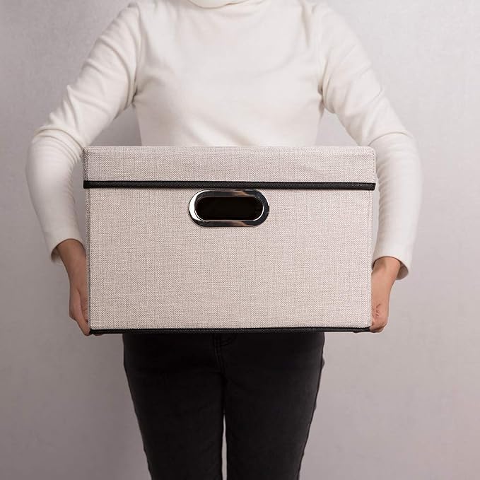 Foldable Storage Bin with Lid [3-Pack] Linen Fabric Decorative Storage Box Organizer Container Basket Cube with Handles Divider for Closet Office Living Room Light Grey(14.9x9.8x9.8)