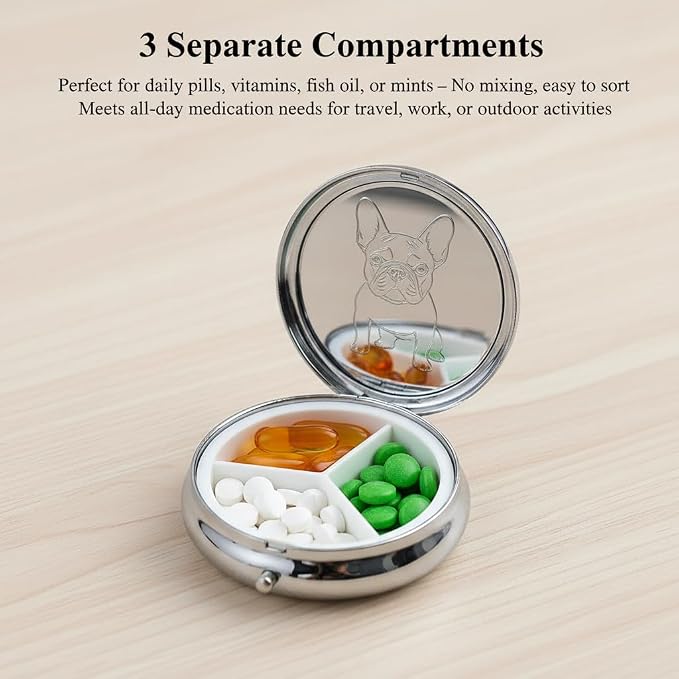 French Bulldog Dog Art Small Box for Pill,3 Compartment Pill Case Travel Medicine,Portable Pocket or Purse Pill Organizer Container Holder Hold Vitamins, Medication, Fish Oil Supplements