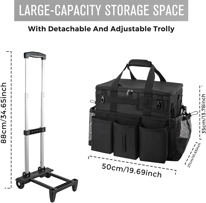 SCAVATA Rolling Cleaning Caddy Bag with Detachable Trolley, Large Cleaning Supplies Organizer with Wheels, Multi Pocket Cleaning Cart with Adjustable Shoulder Strap for Housekeepers & Home Use, Black