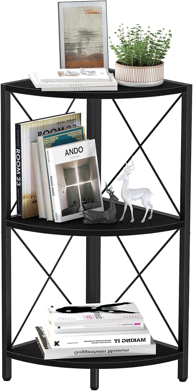 Snughome Corner Shelf with Metal Frame, 3 Tier Corner Storage Organizer, Freestanding Corner Bookshelf Stand Display Rack for Kitchen, Living Room, Black
