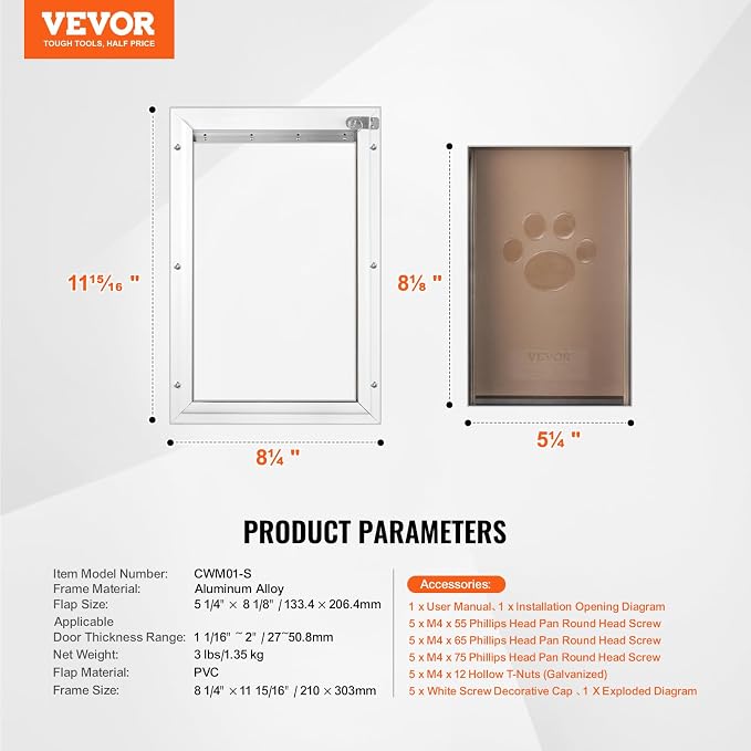 VEVOR Pet Door for Interior and Exterior Doors, Aluminum Frame, Metal Closing Panel and Lock, Strong and Durable Dog Door, Pet Door Suitable for Small Dogs (White-Small)