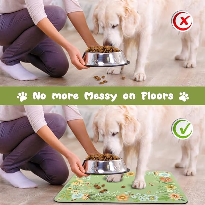 Dog Food Mats for Floors Waterproof, Pet Water Bowl Mats Pet Feeding Absorbent Placemats Flower 12 * 20 inch
