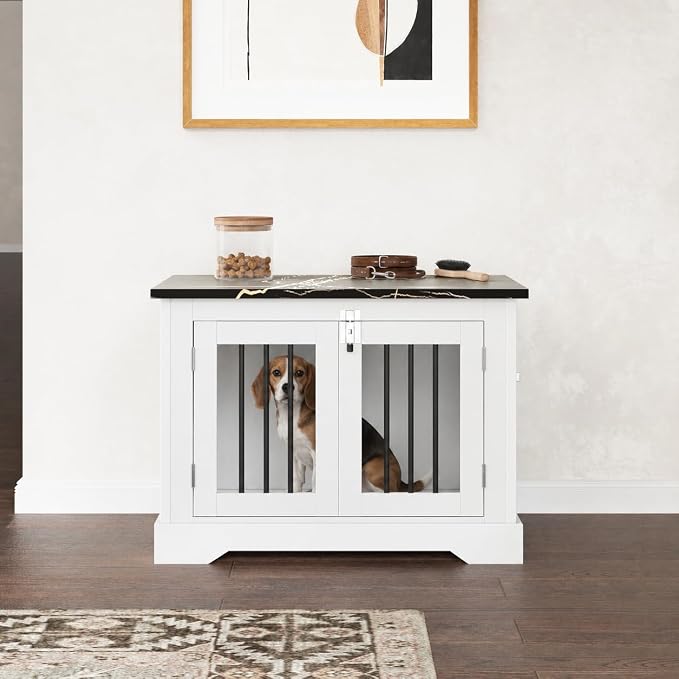 30" Wooden Dog Crate Furniture,Small Kennel Pet Cage End Table for Indoor | for Medium S XS Dogs, White and Black, Fits Living Room Bedroom, Heavy Duty Steel Frame with Lock 25 lbs Cap, 100 lbs Top.
