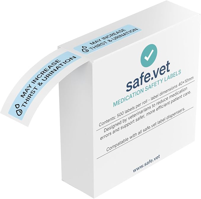 Dispensed Medication Veterinary Pharmacy Labels | Roll of 500 | Clinical-Grade Color-Coded Stickers for Medication Bottles (May Increase Thirst & Urination)