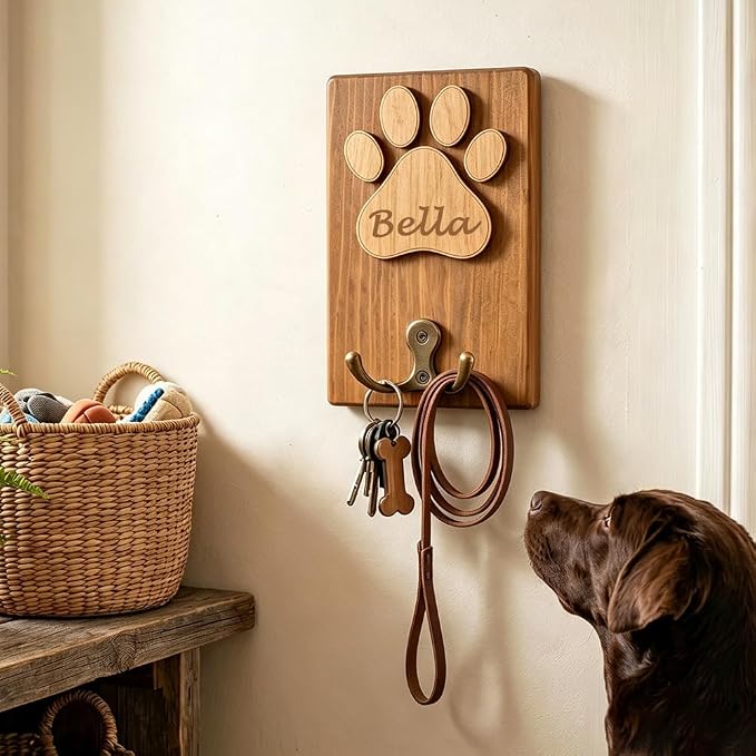 Personalized Wooden Paw Print Pet Leash Holder with Custom Name Engraving – 5 Color Options, Wall-Mounted Dog Collar & Leash Organizer for Entryway, Mudroom or Pet Lover’s Gift