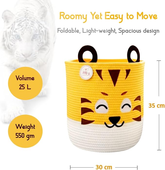 Storage Basket | 25L Woven Cotton Rope Bin with Tiger Design, Cutout Handles | Foldable & Decorative Home Storage Organizer for Laundry, Clothes & Household Items | Multi-Purpose Storage (Tiger)