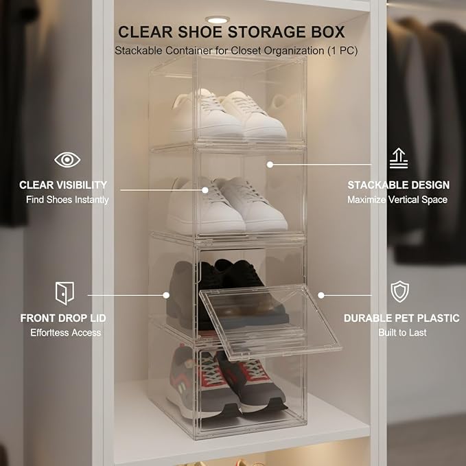 Closet & Under-Bed Organizer: Clear Stackable PET Storage Box with Front Drop Lid, Transparent Container for Accessories and Items (1 Pack)
