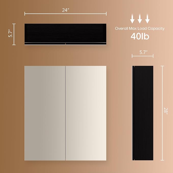 28x24 inch Bathroom Wall Cabinet, Saver Storage Cabinet, Medicine Cabinet with 2 Door and Adjustable Shelves, Black（Assembly Required）