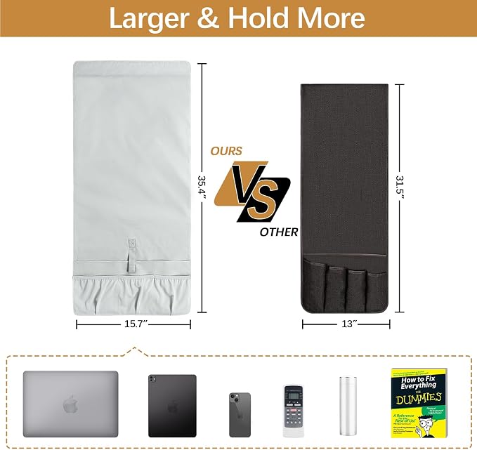 WOMACO Sofa Armrest Remote Magazine Holder, Non-Slip Armchair Recliner Caddy, Couch Arms TV Remote Control Organizer for Tablet, Phone, iPad, Laptop (Light Gray, 16" x 35")