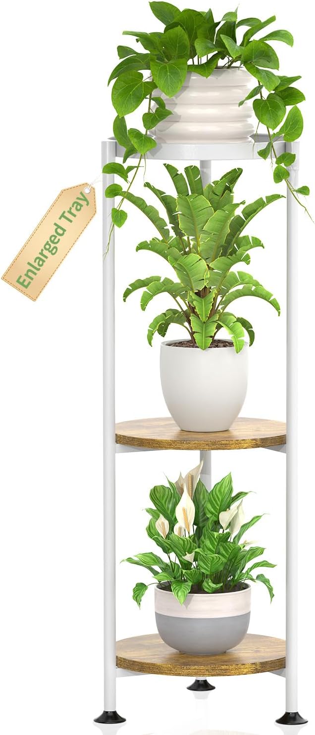 KMOTASUO Metal Plant Stand Tall for Indoor Outdoor Corner, 3 Tier White | Heavy Duty Flower Holder Rack, Modern Vertical Iron Shelf for Patio Bathroom Office Garden