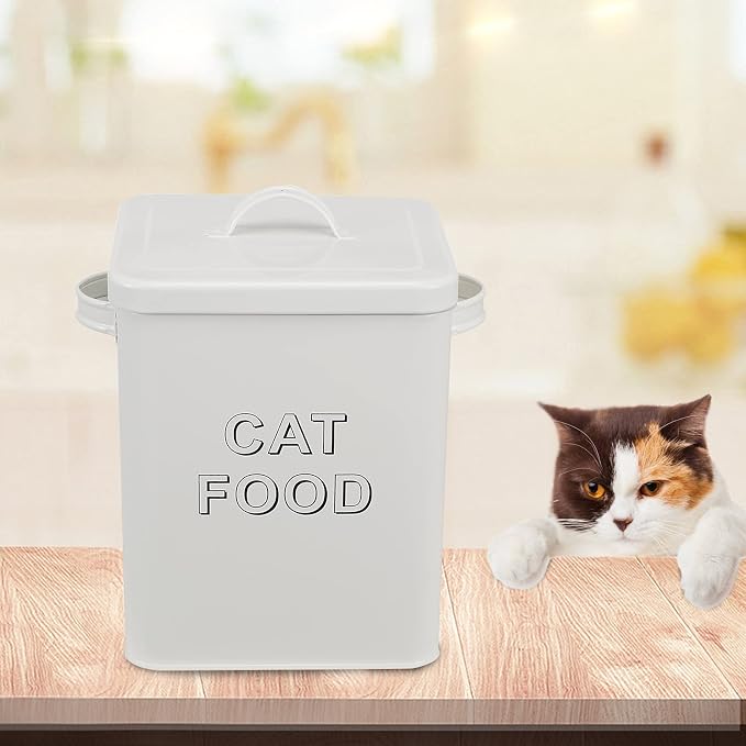 Pethiy Cat Food and Treats Containers Set with Scoop for Cats or Dogs -Tight Fitting Wood Lids - Coated Carbon Steel - Storage Canister Tins-Cat-White