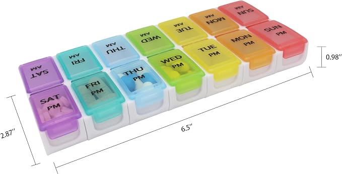 7 Day Weekly Pill AM PM Organizer, ShysTech Large Pill Case Pill Box for Pills/Vitamin/Supplements/Medication (Separable, Small Multi-Color) (Pack of 2)