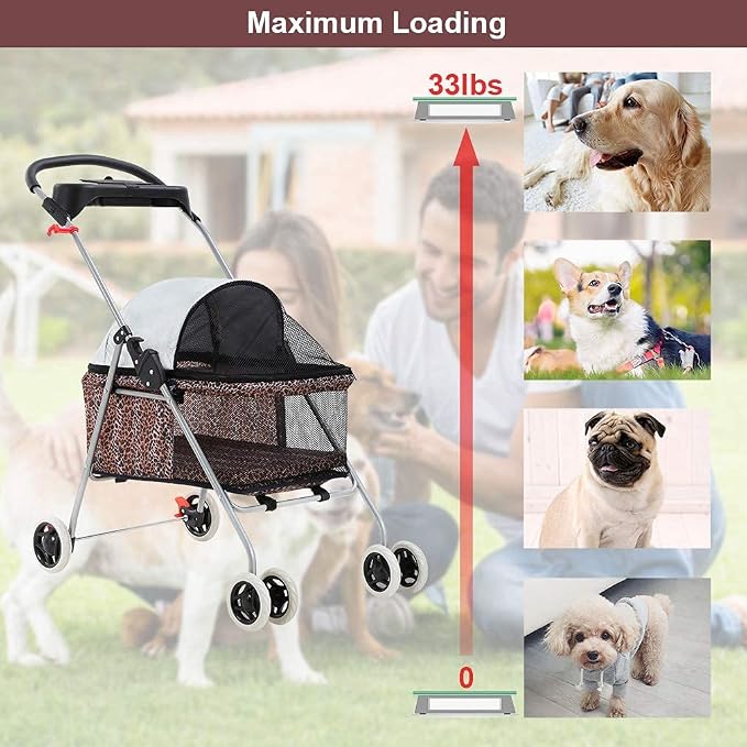 HGS Pet Cat Dog Stroller 4 Wheels Jogger Puppy Travel Carrier Portable Doggie Cage Strolling Cart with Cup Holders, 35Lbs Capacity Folding Waterproof for Medium Dogs Cats Pet, Leopard Skin