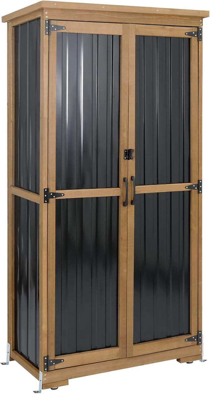 Outdoor Storage Cabinet with Shelves, Weatherproof Stylish Shed for Patio | Adjustable Shelf for Flexible Storage, Lockable Doors for Security, Raised Base, Wood & Metal, Fits Backyard, Garage & Garden