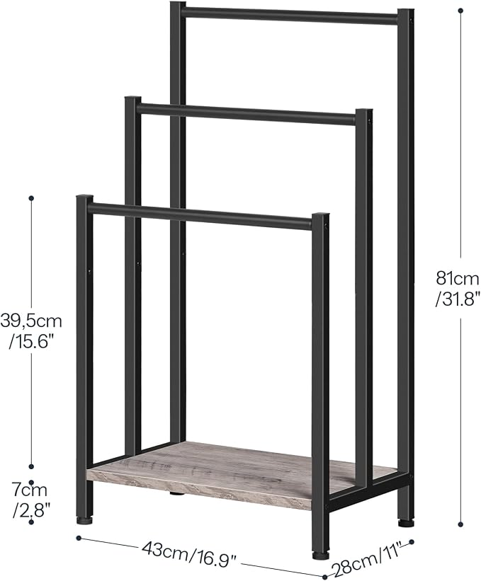 HOOBRO Free Standing Towel Rack, 3 Tier Blanket Rack, Blanket Holder for Bathroom, 16.9" L x 11" W x 31.9" H, Industrial Metal Drying and Display Rack with Shelf, Greige and Black BG03LB01