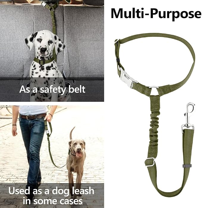 Plutus Pet Dog Seat Belt for Car Headrest, Reflective with Elastic Bungee | Adjustable Restraint for Safety, Vehicle Seatbelt Harness for Small Medium Large Dogs and Cats, Ranger Green