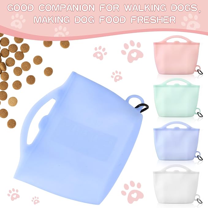 4 Pack Silicone Dog Treat Pouch, 4 Cup (1000ml) Large Capacity Training Bag with Clip, Reusable Leak-Proof Food Storage for Walking Hiking, Dishwasher Safe (White, Blue, Green, Pink)