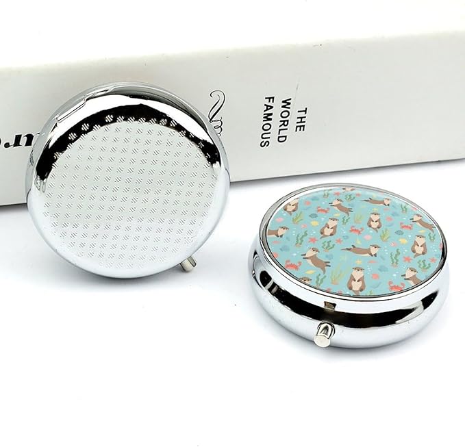 Compact Pill Holder, Cute Sea Otters Round Mini Dispenser, Travel Organizer Case for Medicine, Purse Pocket Box for Outdoor Enthusiasts