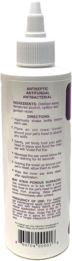 Violet Pet Ear Cleaner, 8 oz Provides Immediate Relief from Itching, Irritation, Inflammation and Odor. Ends Chronic Ear Infection Cycle.