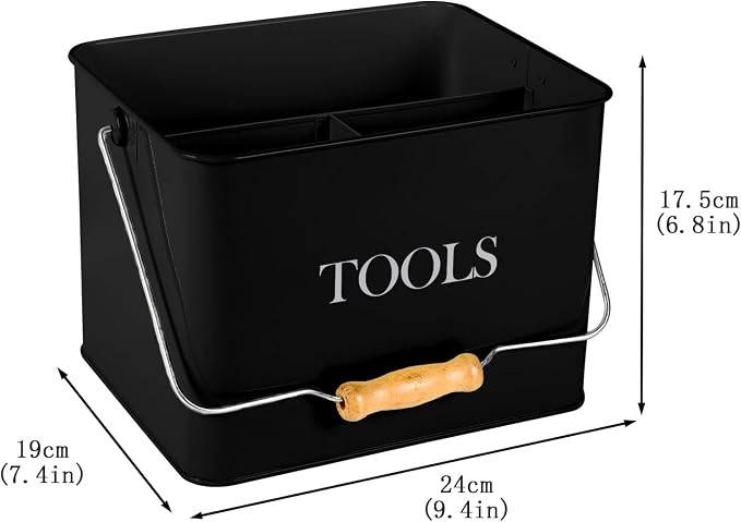 Garden Tool Organizer - Metal Caddy With 3 Compartments, Portable Basket With Handle, Kit Holder Empty, Storage for Indoor and Outdoor Use - Black