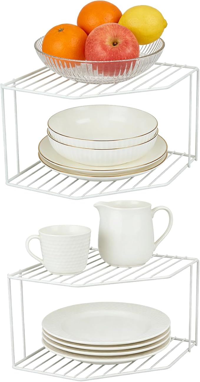 2Pcs 2-Tier Corner Stackable Organizer Shelf - Cabinet Storage Shelf Rack, Shelves，Kitchen Counter and Cabinet Shelf, Storage Rack Organizer for Kitchen(White)