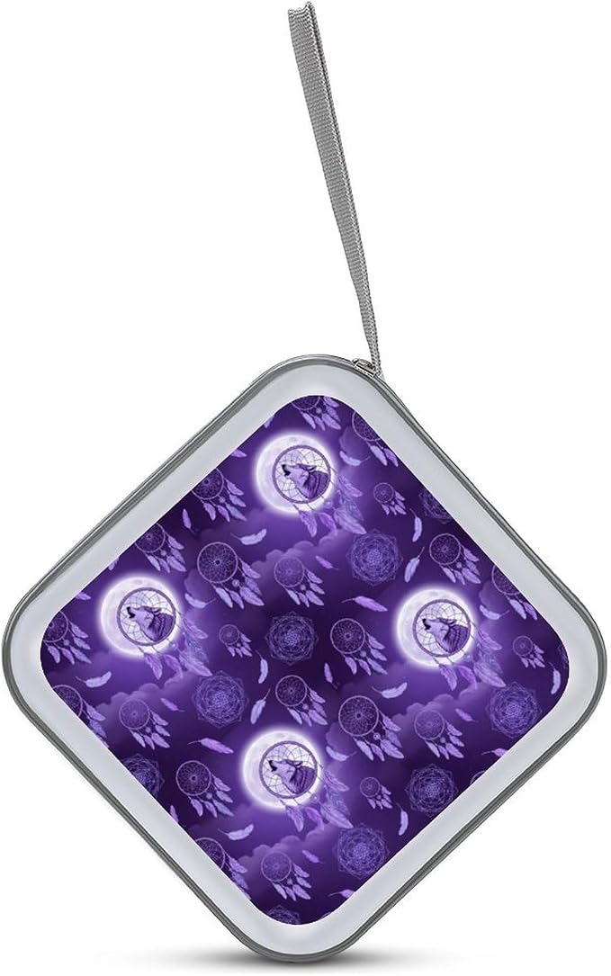 Protective 40-Disc CD/DVD Wallet Native Dream Catcher American Wolves Purple, Hard Plastic Storage Binder with Handle, Portable Organizer for Car Office Travel