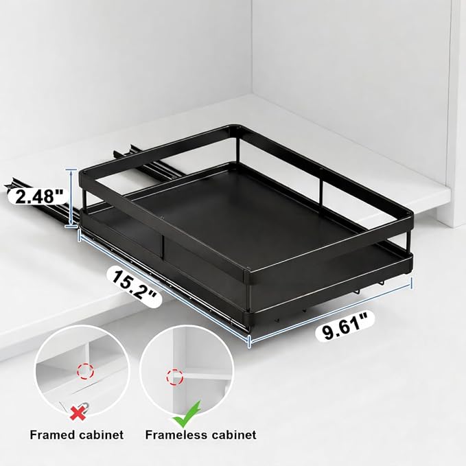 AOVA Pull Out Under Sink Organizer, Single-Tier Metal Sliding Shelf | Carbon steel basket, smooth slide-out rails, no-drill adhesive setup, for kitchen, pantry and bathroom cabinets