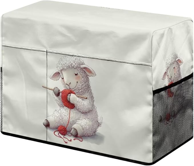 Cute Knitting - Sheep Sewing Machine Cover,Protective Cover with Side Handle and Sewing Essentials Pockets,Dust & Pet Hair Protection,Fits Standard Singer & Brother Machine(Off-White)