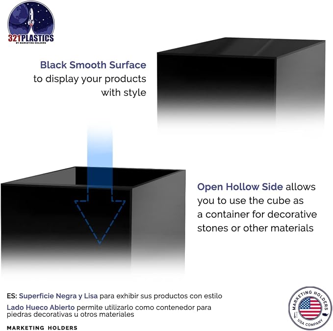 2 Pack 4" Acrylic Display Riser Box with One Open Side Versatile Glossy Black Square Lucite Retail Merchandise Storage Bin or Product Platform No Assembly Required by Marketing Holders
