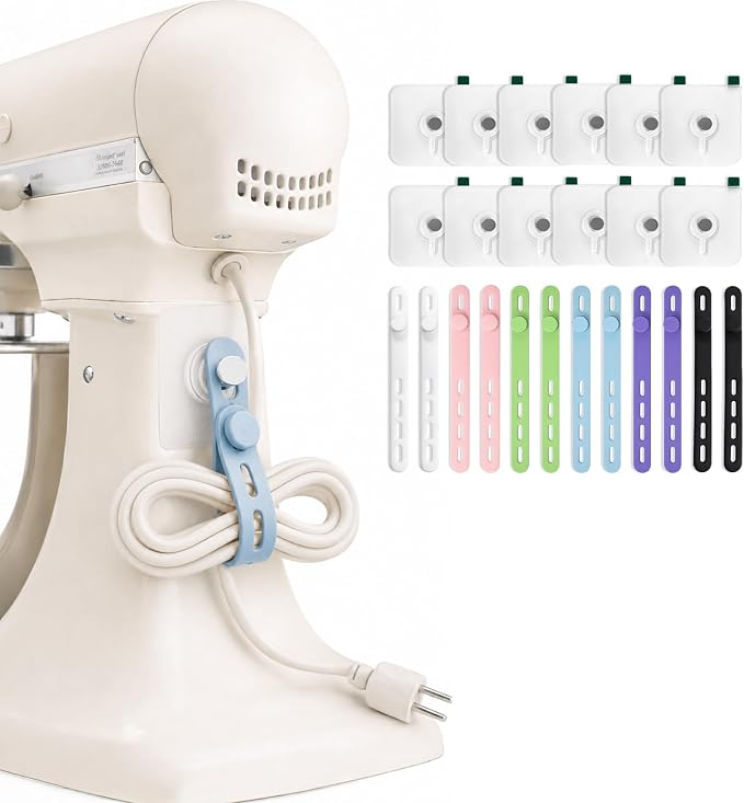 Hanging Cable Organizer System with Self Adhesive Hooks (Color-Coded Silicone) | 12 Adhesive Hooks + 12 Reusable Silicone Ties, 6 Colors (2 Each), Strong Hold & No-Drill Setup