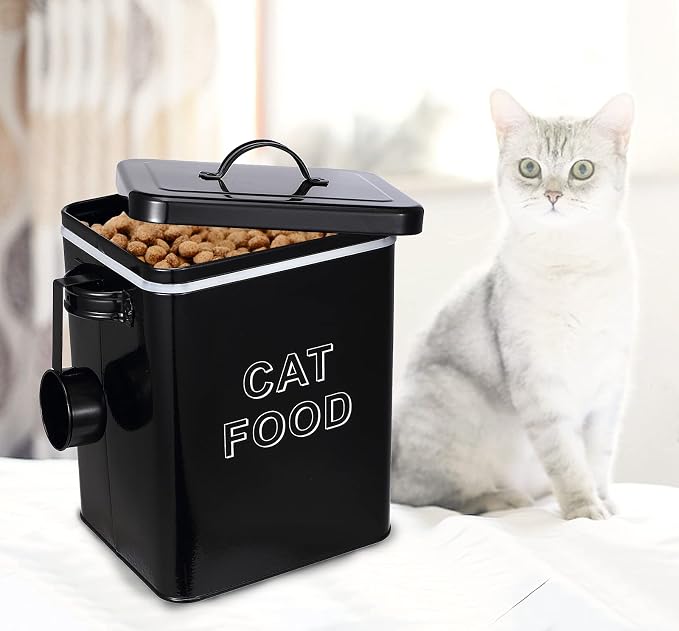 Pethiy Cat Food and Treats Containers Set with Scoop for Cats or Dogs -Tight Fitting Wood Lids - Coated Carbon Steel - Storage Canister Tins-Cat-Black