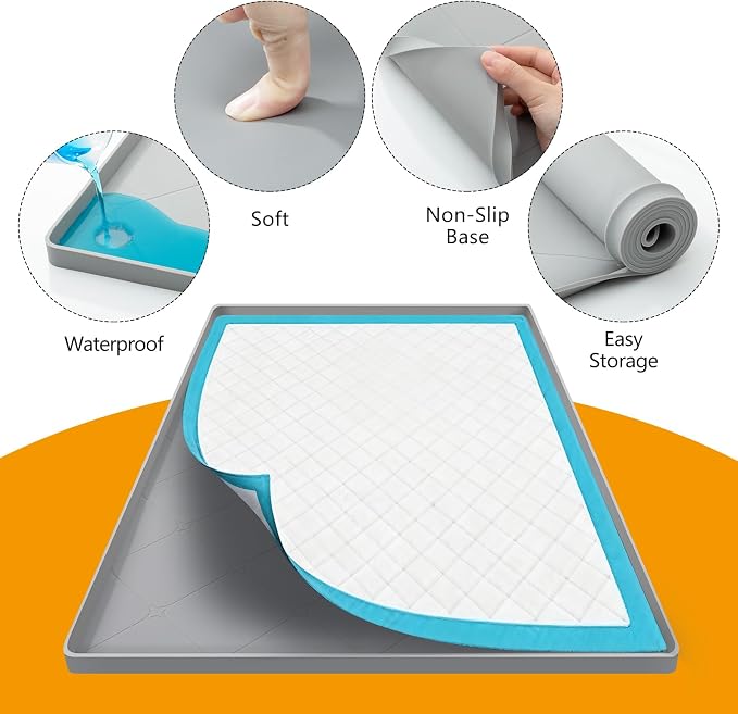 Silicone Dog Pee Pad Holder for 34 x 22 in Pads, Leakproof, Non-Slip | Raised edges, waterproof silicone, easy to clean, portable roll-up design, fits disposable and reusable pads