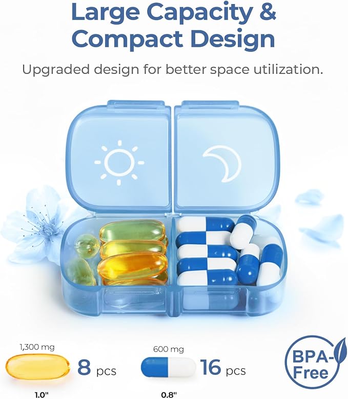 AUVON Weekly Pill Organizer 2 Times a Day, One-Side Large Opening, Easy‑Use | XL AM PM Pill Case, Travel Pill Box 7 Day, Medication Organizer for Medications, Vitamins, Fish Oils, Supplements, Ocean Blue