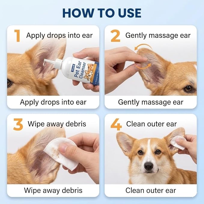 Dog Ear Wash - Gentle Cat Ear Cleaner Solution, Removes Ear Wax Debris and Ear Odor, Pet Ear Drops Liquid for Routine Ear Care, 6 fl oz