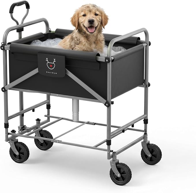 Foldable Dog Bath Cart for Dirty Outdoor Dogs,Adjustable Height pet Bath Cart for Small and Medium Dogs(5-55 lbs) and Cats,Four-Wheel Bathing Cart with Brake,No Need to Carry Your Muddy Pup Home