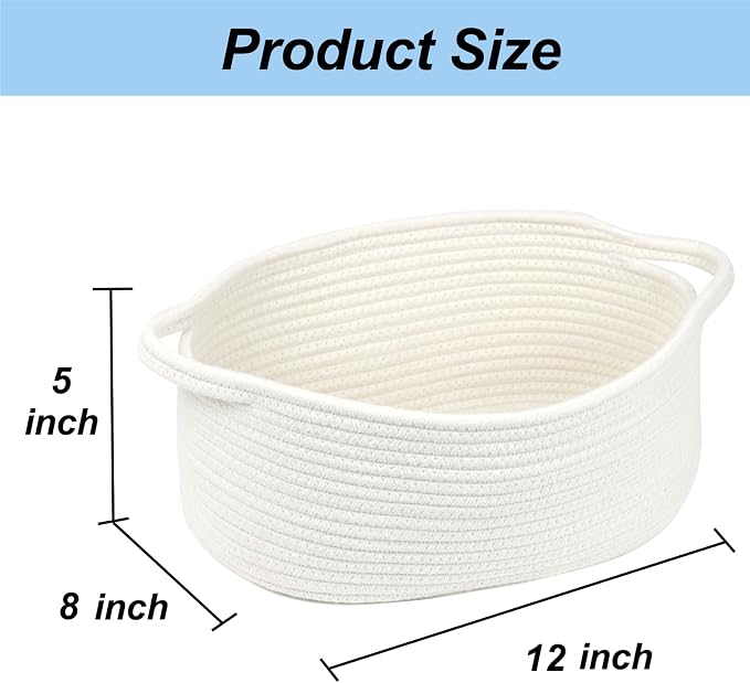 Small Woven Cotton Rope Basket with Handles, White, 12 Inch | Empty Gift Basket, Bathroom and Closet Organizer, Nursery Toy Storage, Decorative Boho Basket, Shelf Storage Bin