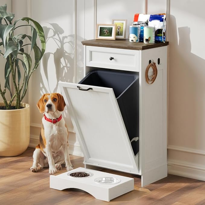 FIMELLO Dog Feeding Station, Tilt-Out Dog Food Storage Cabinet with Drawer,Pet Feeder Cabinet,White Grain