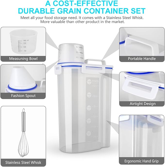 Uppetly Rice Airtight Dry Food Storage Containers, BPA Free Plastic Sealed Holder Bin Dispenser with Pouring Spout, Measuring Cup for Cereal, Flour and Oatmeal, Include a Stainless Steel Whisk