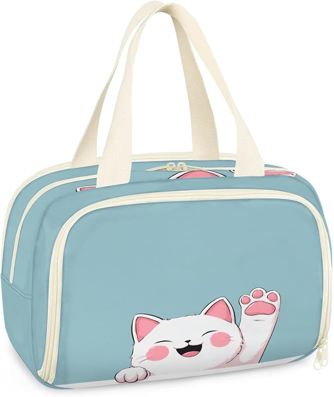 Sweet White Cat Travel Toiletry Bag for Women | Cartoon Pet Lightweight Waterproof Makeup Cosmetic Bag Large Tote Organizer for Traveling, Toiletries, Accessories