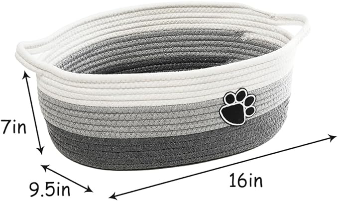 Small Woven Baskets for Organizing Rope Storage Basket with Handle Cute Cotton Basket for Nursery Gift Dog Toy Storage Bins for Toy Organizer Grey-white
